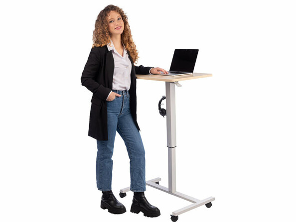 Bureau assis/debout manuel avec roulettes aspect bois