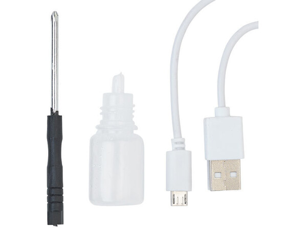 Dinosaure télécommandé, télécommande radio, câble de chargement USB, vis, tournevis, bouteille d'eau