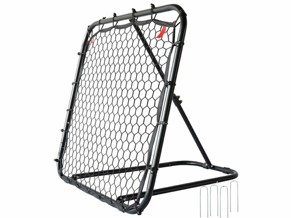 Rebondisseur de football Pearl Sports à cadre noir et filet hexagonal avec quatre piquets d'ancrage