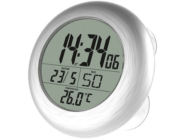 Horloge numérique radio-pilotée avec thermomètre et calendrier, idéale dans une salle de bains ou une buanderie.