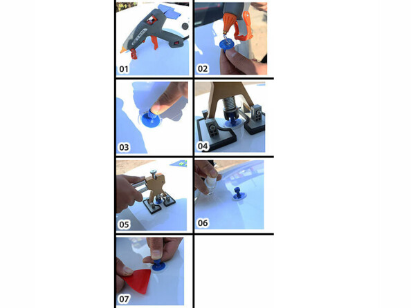 Mise en situation en sept étapes du kit de débosselage automobile KRS-11 avec pistolet à colle