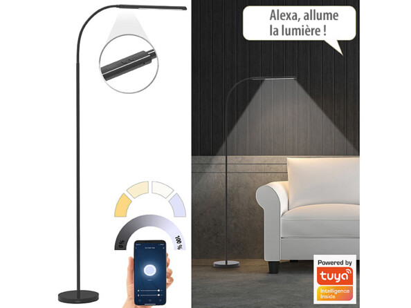 Lampe sur pied LED CCT connectée avec luminosité variable coloris noir vue d'ensemble avec focus caractéristiques