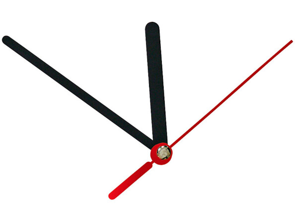 Jeu de 3 aiguilles attachées les unes aux autres par un bouton doré, dont une trotteuse, une pour les heures et une pour les minutes