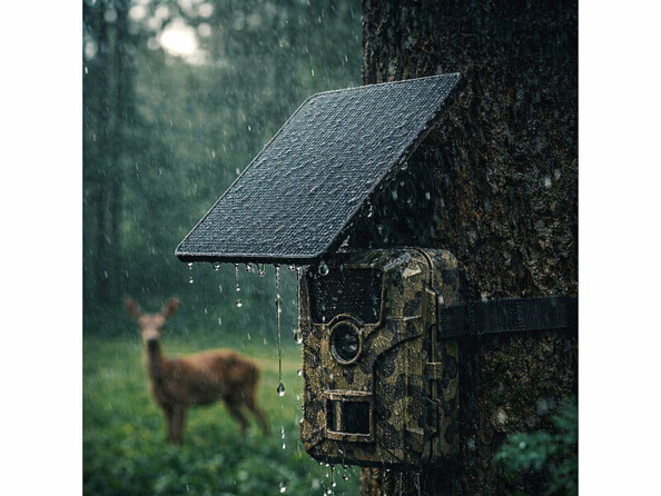 Panneau solaire PB-80.solar avec batterie 10400 mAh mis en situation sur un arbre avec une caméra de chasse