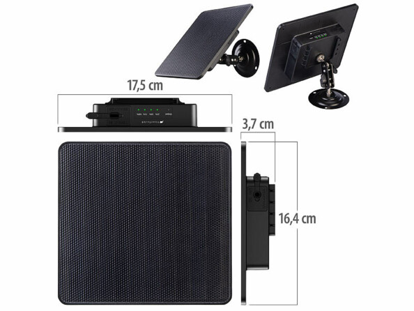 Panneau solaire PB-80.solar avec batterie 10400 mAh vu sous différents angles avec dimensions en cm