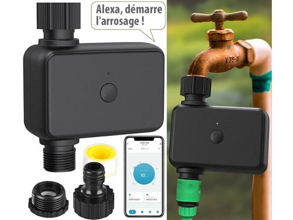 Programmateur d'arrosage connecté BWC-495.bt avec mise en situation sur un robinet et commandes vocales