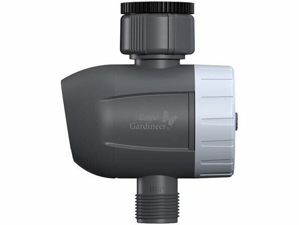 Vue de côté droit avec logo de la marque Royal Gardineer sur le système d'arrosage connecté