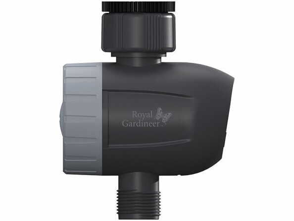 Vue de côté gauche du programmateur d'arrosage wifi et bluetooth avec logo Royal Gardineer sur boîtier gris foncé