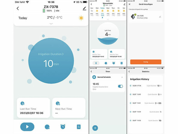 5 captures d'écran de l'application gratuite ELESION disponible sur smartphone et tablette iOS/Android illustrant les différents réglages possibles à distance du programmateur d'arrosage intelligent