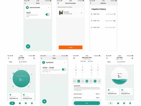 7 captures d'écran de l'application gratuite ELESION disponible sur smartphone et tablette iOS/Android illustrant les différents réglages possibles du programmateur d'arrosage à distance