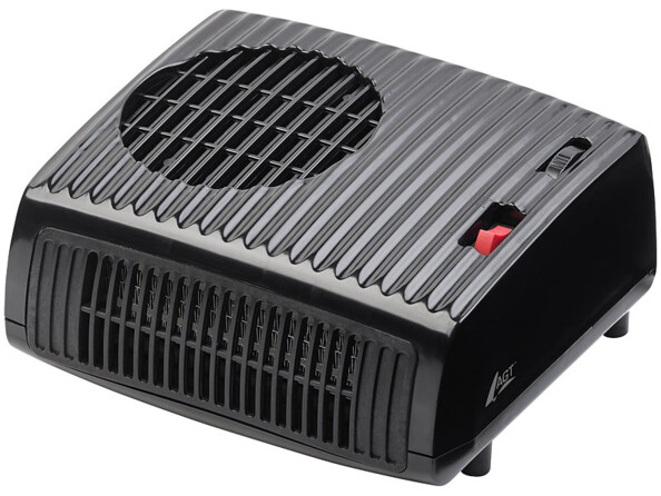 Chauffage d'appoint 230 V noir rectangulaire par AGT avec grilles de ventilation sur la face avant et le dessus de l'appareil, interrupteur Marche/Arrêt rouge et sélecteur du niveau de chauffe sur le côté droit du dessus de l'appareil