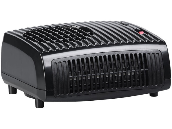 Radiateur soufflant électrique coloris noir avec 2 niveaux de chaleur : 1850 et 925 W, équipé d'une protection contre la surchauffe et pouvant fonctionner jusqu'à -25°C