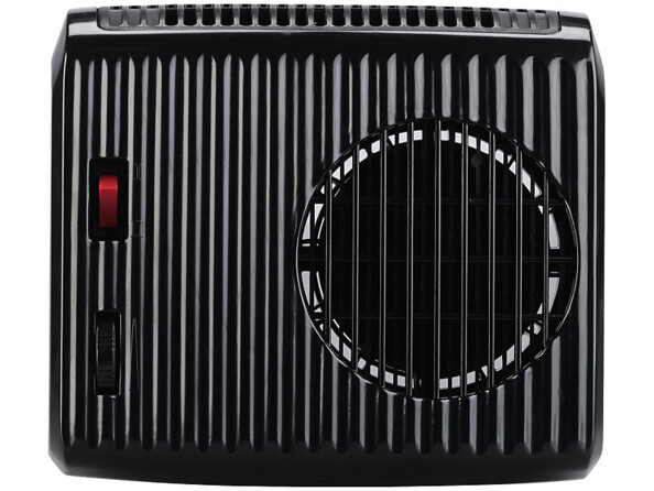 Vue du dessus de dessus du chauffant soufflant électrique en céramique PTC avec buse rond d'aération sur le côté droit de l'appareil, interrupteur ON/OFF et molette de sélection de la température sur le côté gauche, face avant de l'appareil vers le haut