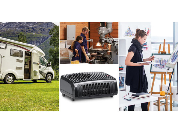 Mise en situation en 3 photos succesives illustrant de gauche à droite une utilisation du radiateur soufflant céramique AGT dans une pièce d'arts plastiques, dans un atelier et à l'extérieur dans un camping-car