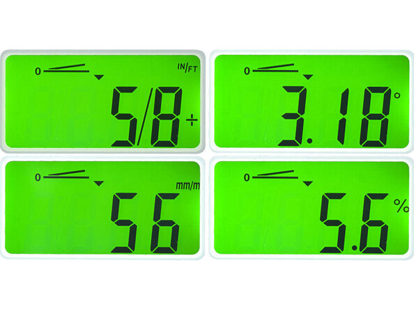 Rapporteur d'angle numérique mesure facilement les inclinaisons et les angles et affiche la mesure en degrés (°), pourcents (%), millimètres/mètres (mm/m) et pouces/pieds (in/ft)