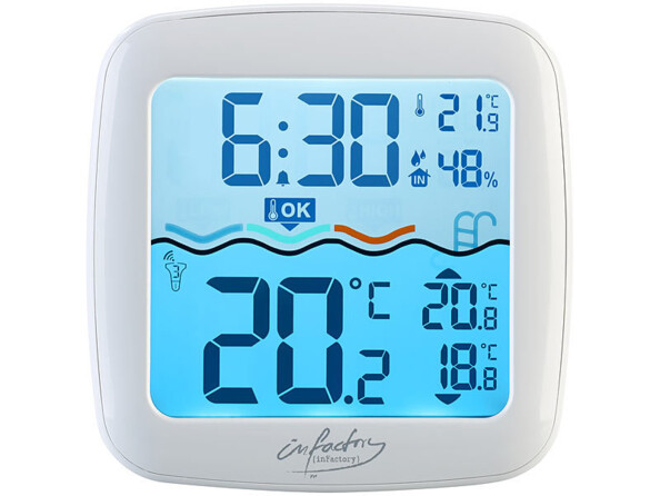 Récepteur à écran LCD sans fil avec thermomètre de piscine PT-310 Infactory.Récepteur radio indique la température intérieure, la température de l'ea