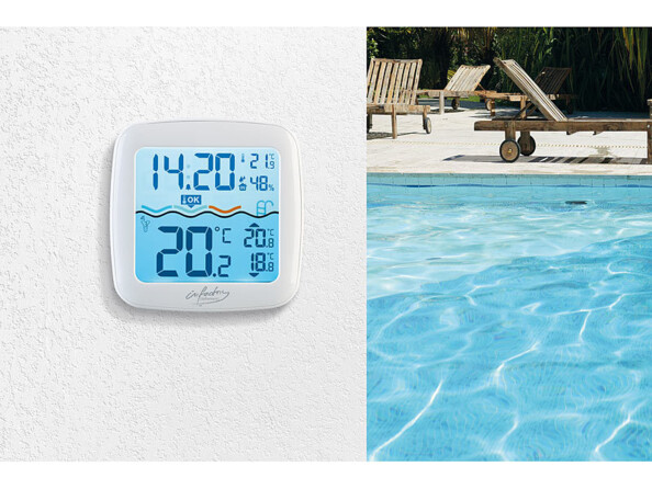 Récepteur à écran LCD sans fil avec thermomètre de piscine PT-310 Infactory. Mise en situation.