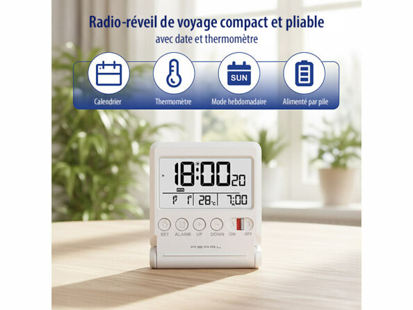 Réveil radio-piloté de voyage avec thermomètre