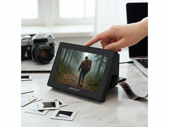 Scanner de diapositives et négatifs SD-1805 sur une table numérisant un film super 8