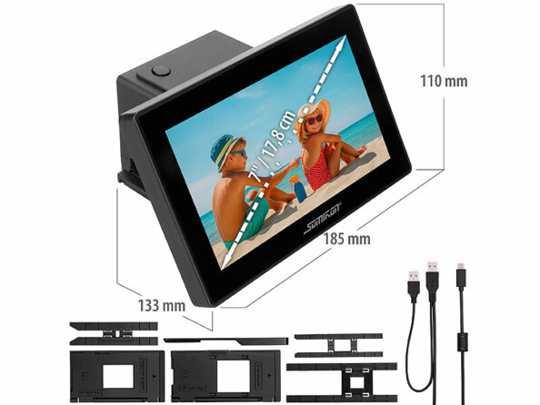 Scanner de diapositives et négatifs avec accessoires et dimensions affichées