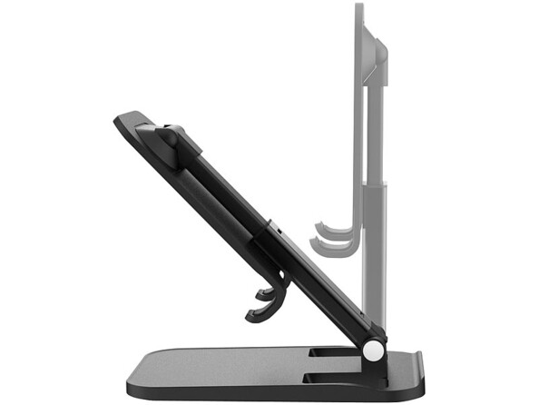 Inclinaison possible illustrée du bras principal du porte-tablette Pearl