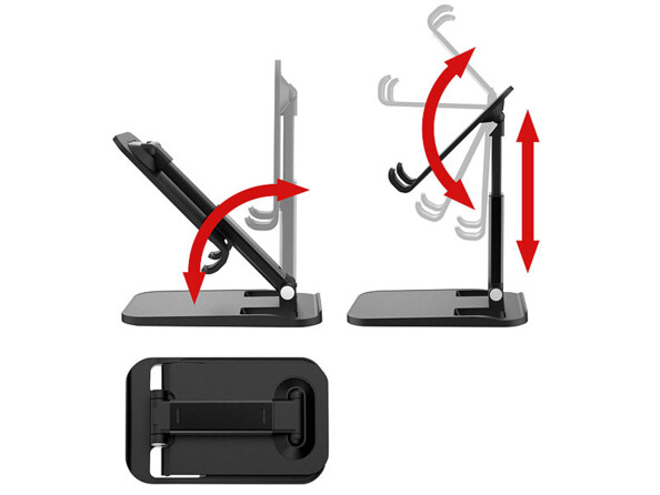 Multiples vues des possibles inclinaisons, hauteurs et pliages du support Pearl noir pour appareil mobile conçu en aluminium et plastique ABS