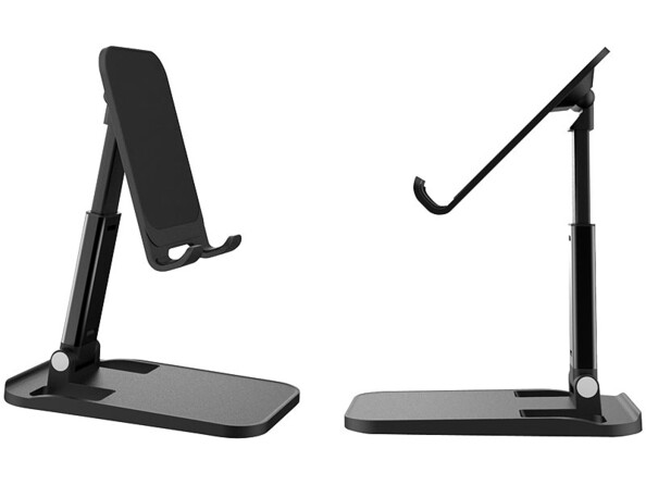 Support noir robuste pour smartphones et tablettes vue du côté droit et gauche