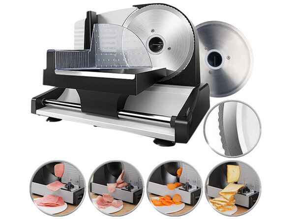 trancheuse électrique avec 2 lames en acier inoxydable ASM-100 vue générale avec vignettes aliments tranchés
