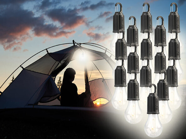 16 ampoules LED alimentées sur batterie et éclairant une tente de camping dans le noir