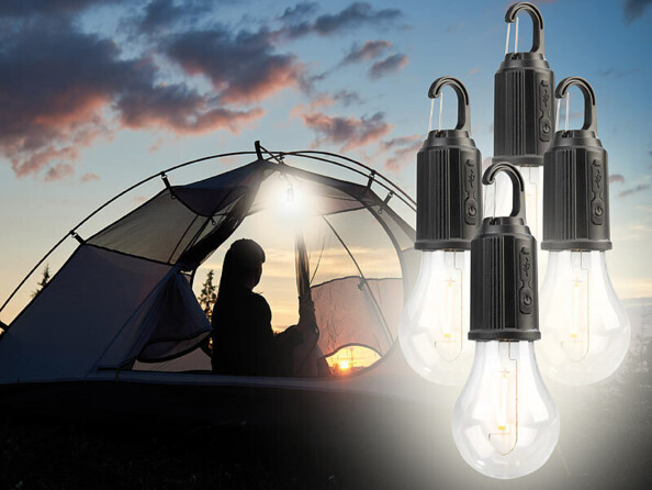 4 ampoules LED alimentées sur batterie et éclairant une tente de camping dans le noir