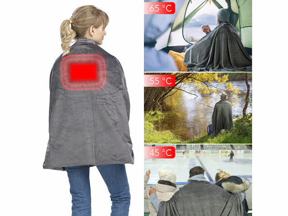 4 mises en situation de l'utilisation de la couverture polaire chauffante Wilson Gabor : sur les épaules, pendant un match de hockey, en promenade dans les bois et dans une tente dans une montagne enneigée
