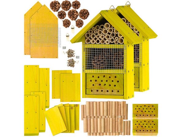 Pack de 2 hôtels à insectes en kit avec matériel de montage, colle, matériel de remplissage, grille de protection et mode d'emploi en français