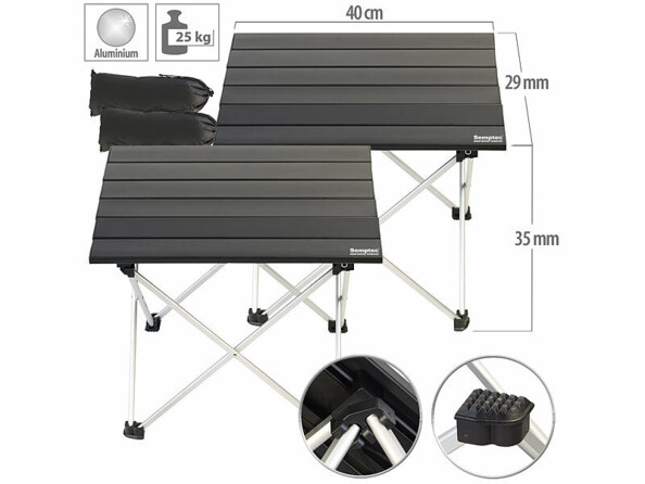 2 tables de camping pliables en aluminium léger supportant jusqu'à 25 kg chacune avec 2 sacs de transportde la marque Semptec Urban Survival Technology