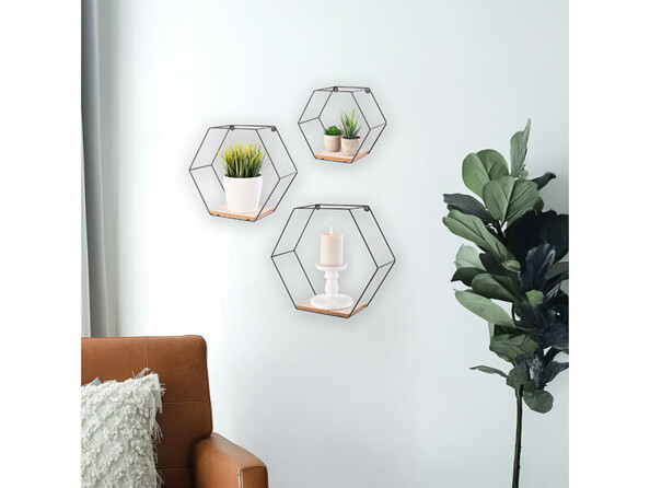 3 étagères murales hexagonales en 3 tailles