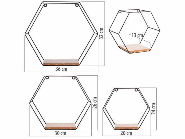 3 étagères murales hexagonales en 3 tailles