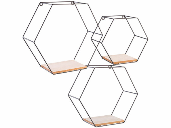 3 étagères murales hexagonales en 3 tailles