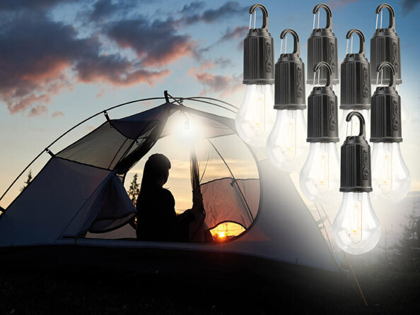 8 ampoules LED alimentées sur batterie et éclairant une tente de camping dans le noir