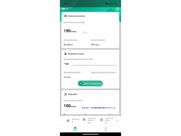 Capture d'écran de l'application indiquant le nombre de ronflements