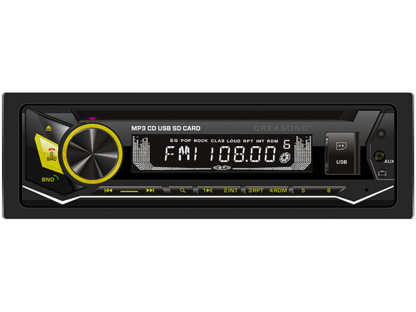 Autoradio CD 1-DIN CAS-3700.bt CreaSono. Eclairage jaune.
