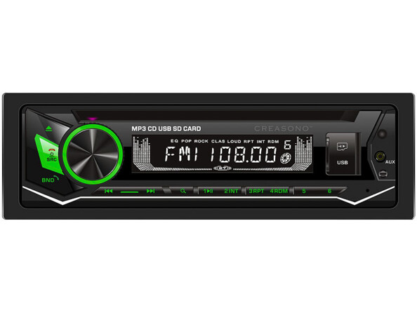 Autoradio CD 1-DIN CAS-3700.bt CreaSono. Eclairage vert.