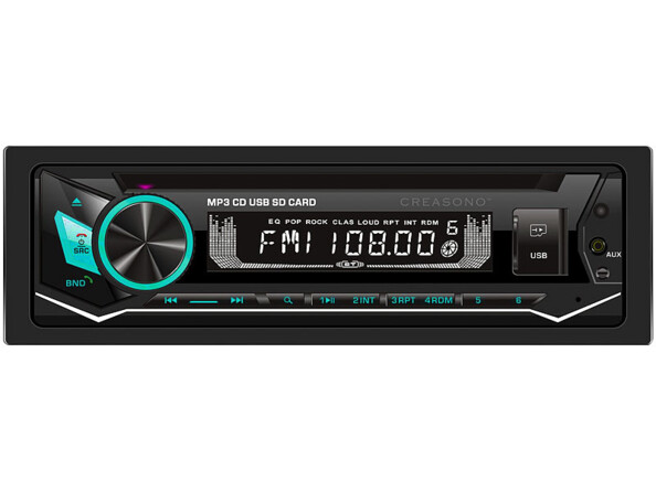 Autoradio CD 1-DIN CAS-3700.bt CreaSono. Eclairage bleu-vert.
