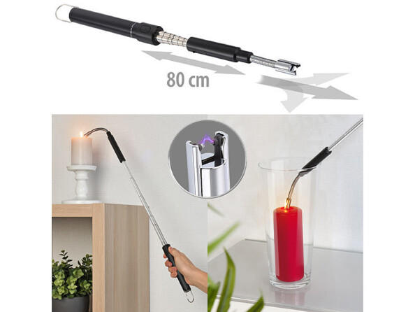 4 angles de vue mettant en lumière les caractéristiques principales du briquet : extension jusqu'à 80 cm, embout d'allumage flexible et arc électrique