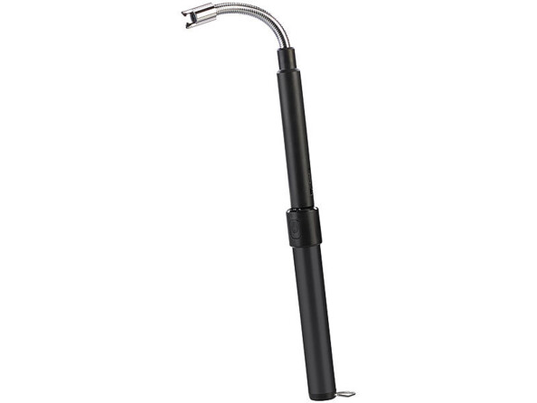 Briquet extensible noir rétracté avec embout d'allumage en crochet chromé flexible