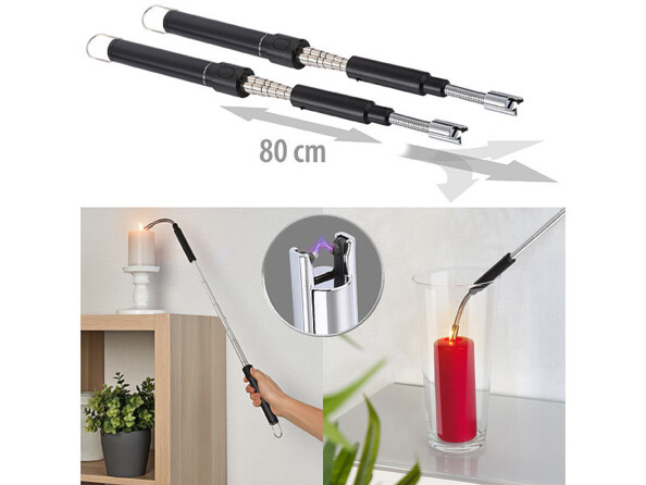 4 angles de vue mettant en lumière les caractéristiques principales des deux briquets : extension jusqu'à 80 cm, embout d'allumage flexible et arc électrique
