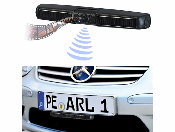 Schématisation de la prise de vue de la caméra de recul par le biais d'une bande de film et schématisation de la transmission sans fil par ondes radio au moniteur à partir d'une installation sur le pare-chocs avant d'une mercedes grise