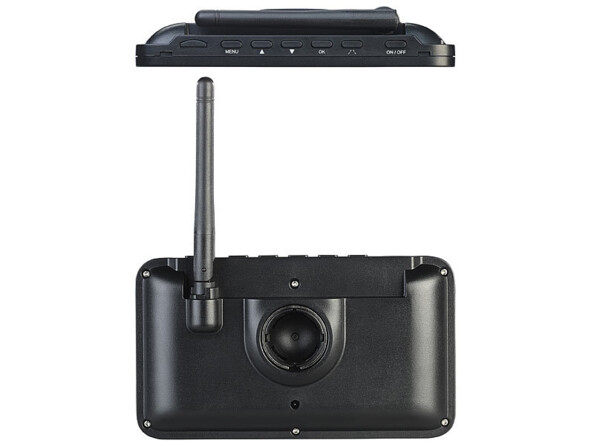 Vue arrière du moniteur rectangulaire coloris noir avec articulation à rotule et antenne et vue du dessus avec boutons de commande