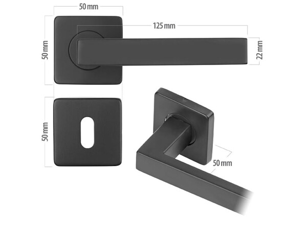 Schéma des dimensions d'une poignée 125 x 20 mm avec rosette 50 x 50 mm sans verrou rotatif