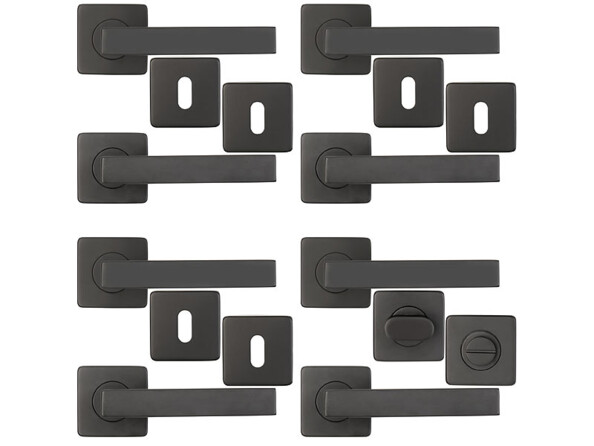 4 x 2 poignées de porte noires mat en acier inoxydable avec rosettes carrées