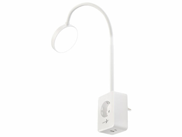 Lampe à col de cygne sur prise secteur avec report de prise et chargeur USB