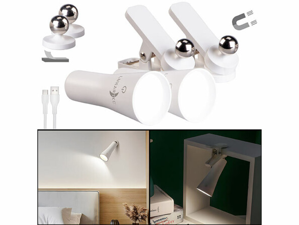 2 Lampes magnétiques rechargeables murales et à pince avec 2 mises en situation